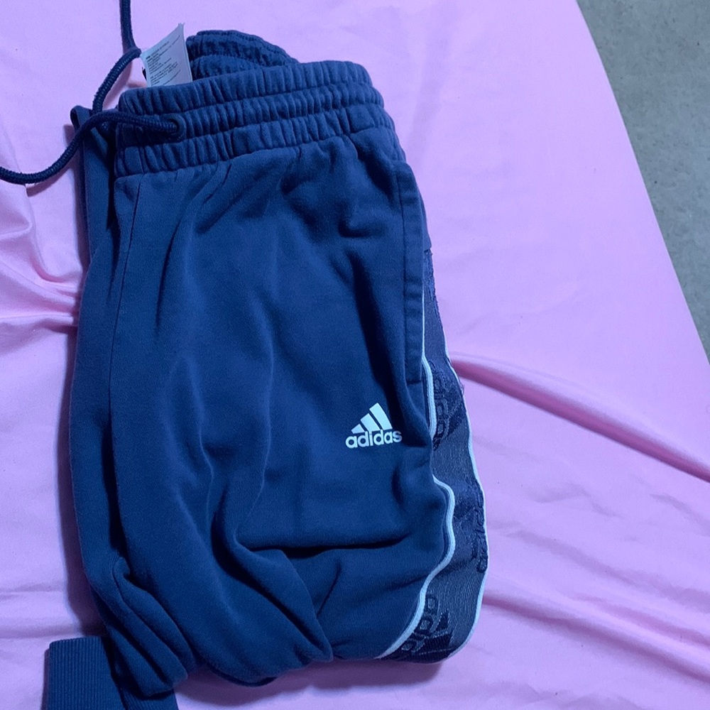 Adidas Blue set. Bottoms have a zipper on each side